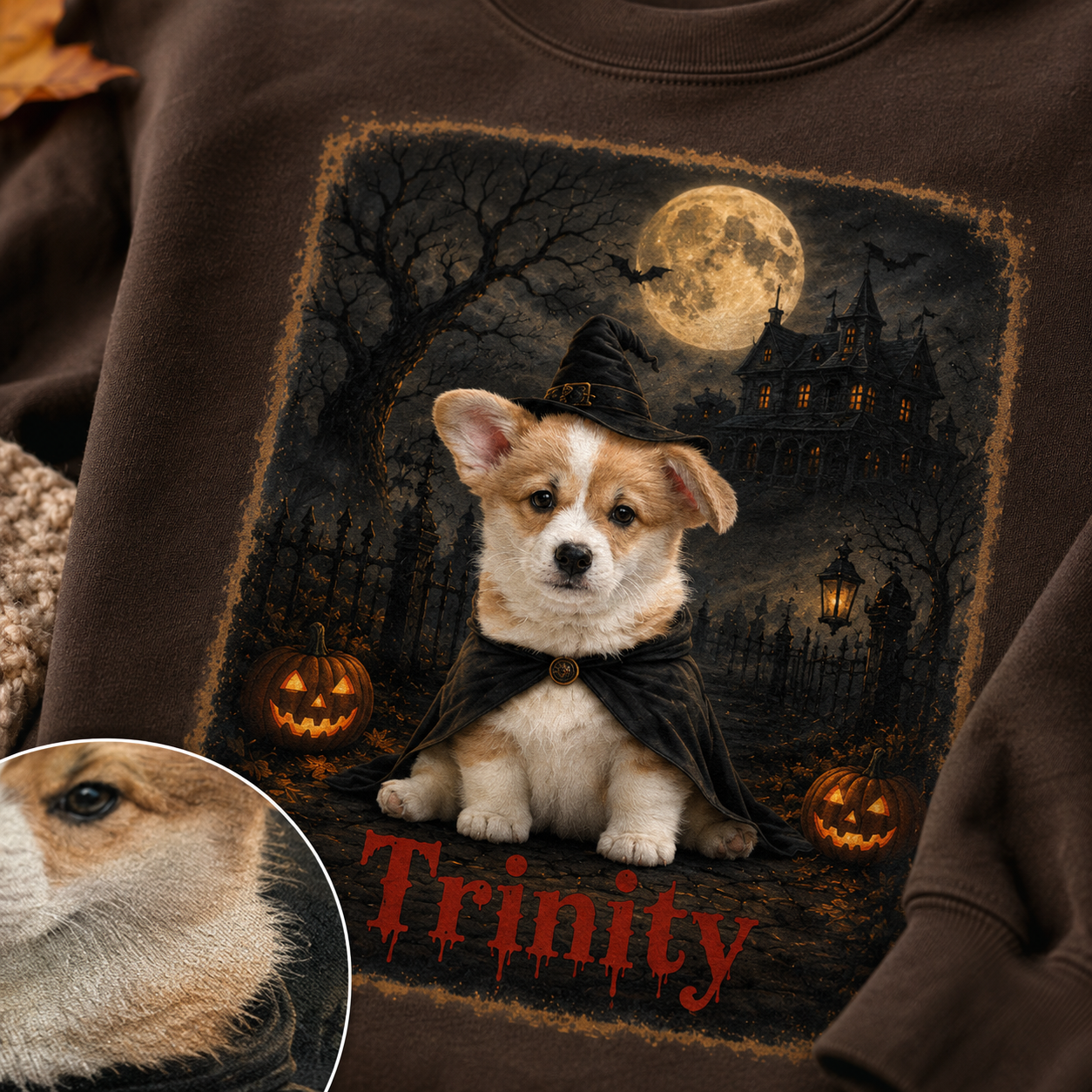 Custom Halloween pet portrait crewneck shown in multiple sweatshirt colors