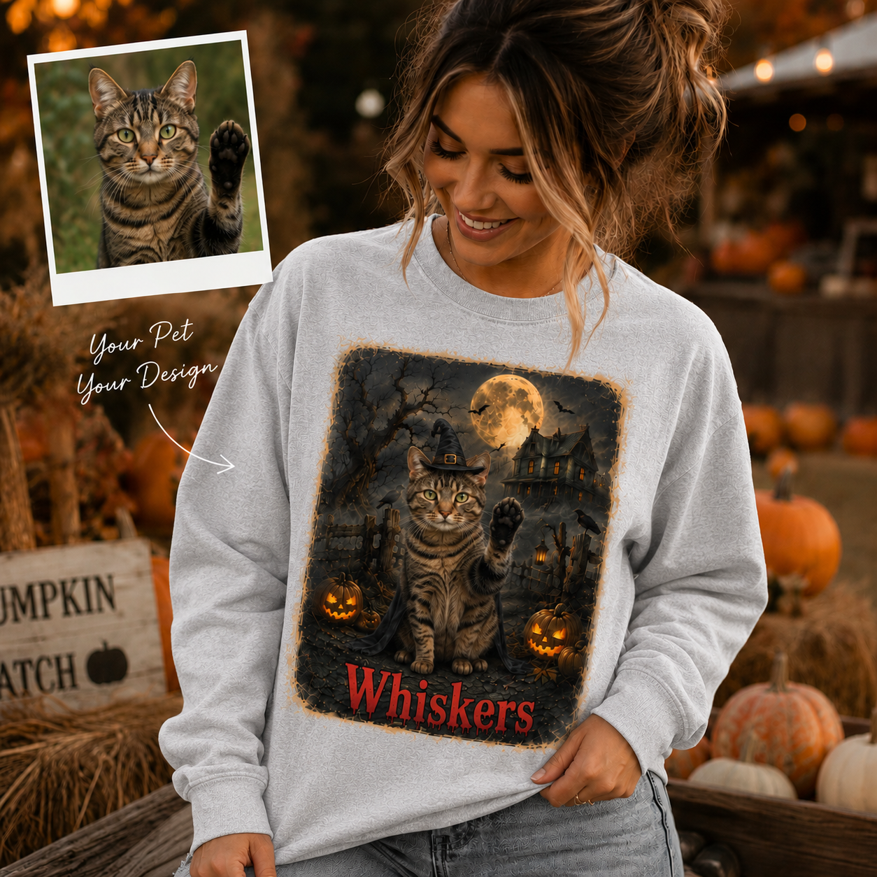Spooky witch pet portrait sweatshirt with full moon, bats and jack-o'-lanterns — custom dog and cat Halloween design
