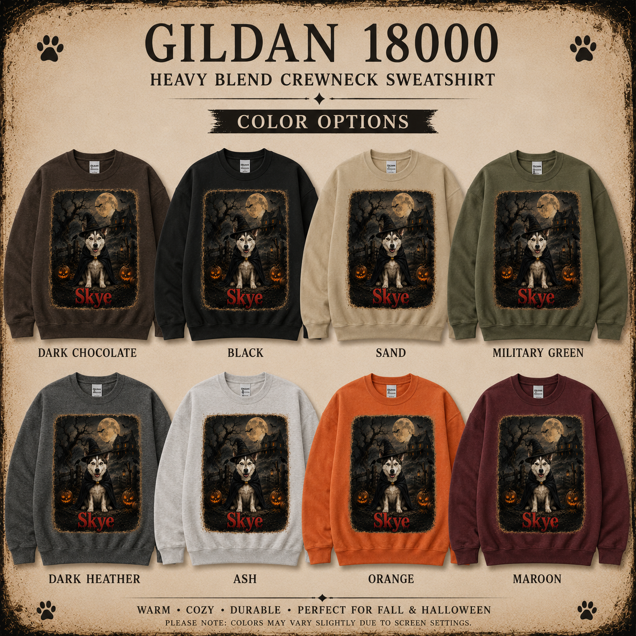 Cozy custom Halloween pet sweatshirt on a relaxed unisex Gildan 18000 crewneck, personalized from your pet photo