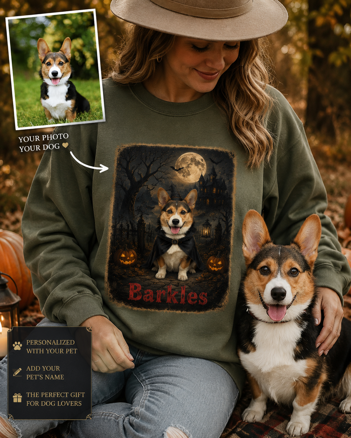 Custom Halloween pet sweatshirt size and color options — Gildan 18000 heavy blend crewneck