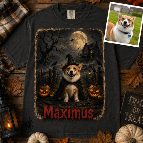 Custom Halloween pet portrait shirt — dog dressed as a witch in a spooky vintage scene on a Comfort Colors tee, personalized from your photo
