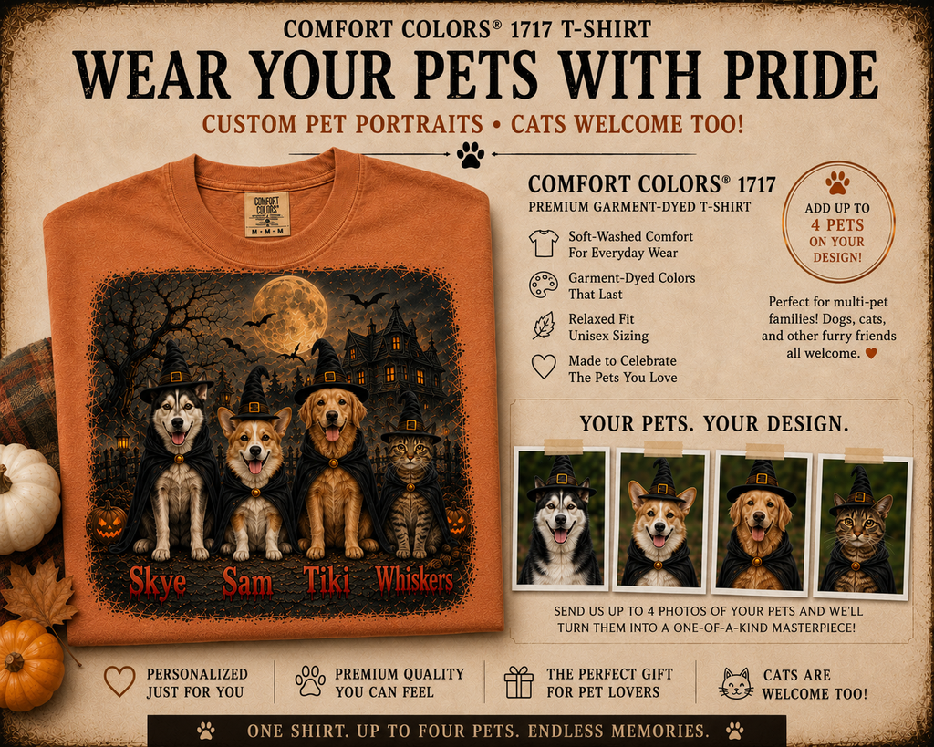 Personalized Halloween dog witch tee with pet's name, haunted farmhouse and glowing pumpkins design on a garment-dyed shirt