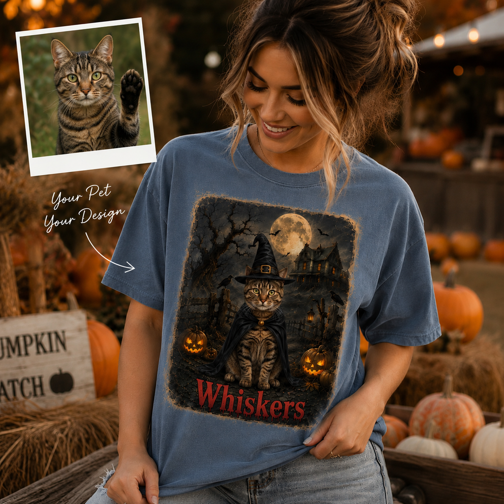 Custom Halloween pet portrait t-shirt shown in multiple Comfort Colors shirt colors