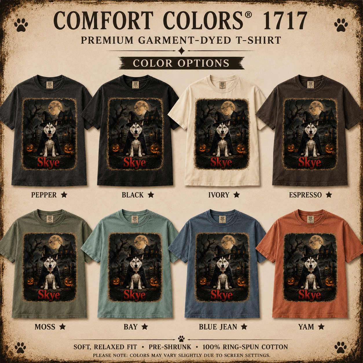 Custom Halloween pet shirt on a relaxed unisex Comfort Colors tee, personalized from your pet photo