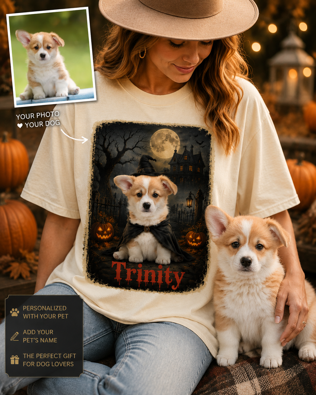Personalized Halloween cat witch portrait tee with a vintage haunted background