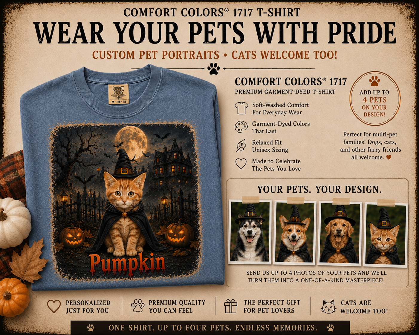 Custom Halloween pet portrait shirt size and color options — Comfort Colors 1717 garment-dyed tee