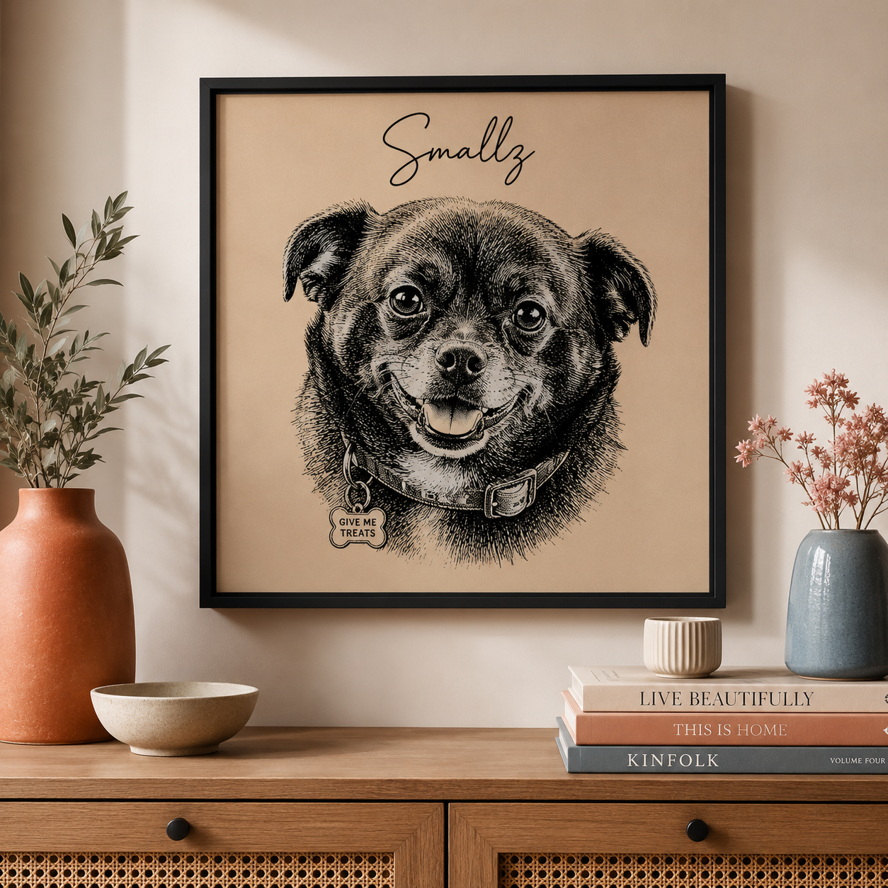 Before and after: a pet photo transformed into a custom modern ink portrait with the pet's name, framed in natural wood on a blush background