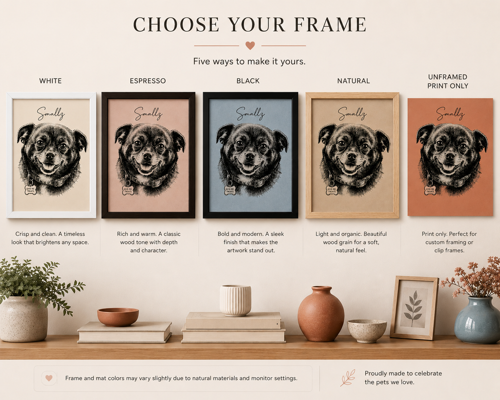 Custom dog portrait with name in modern ink on a blush rose background, natural wood frame