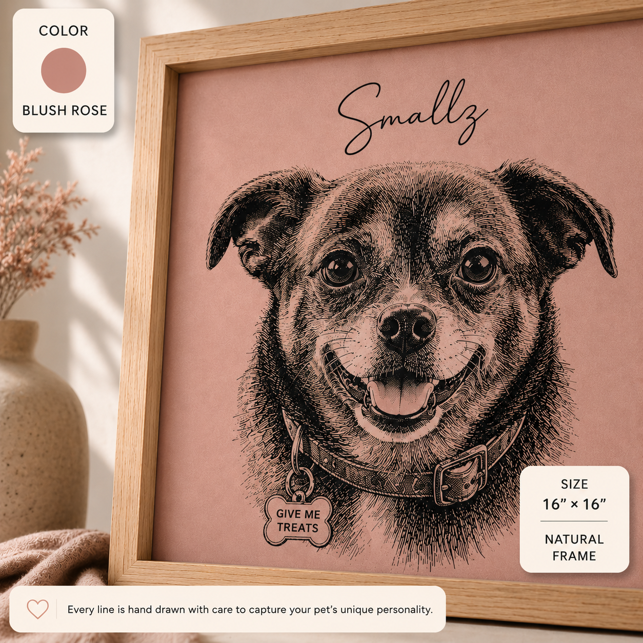Custom pet portrait shown in five framing options: white, espresso, black, natural, and unframed print