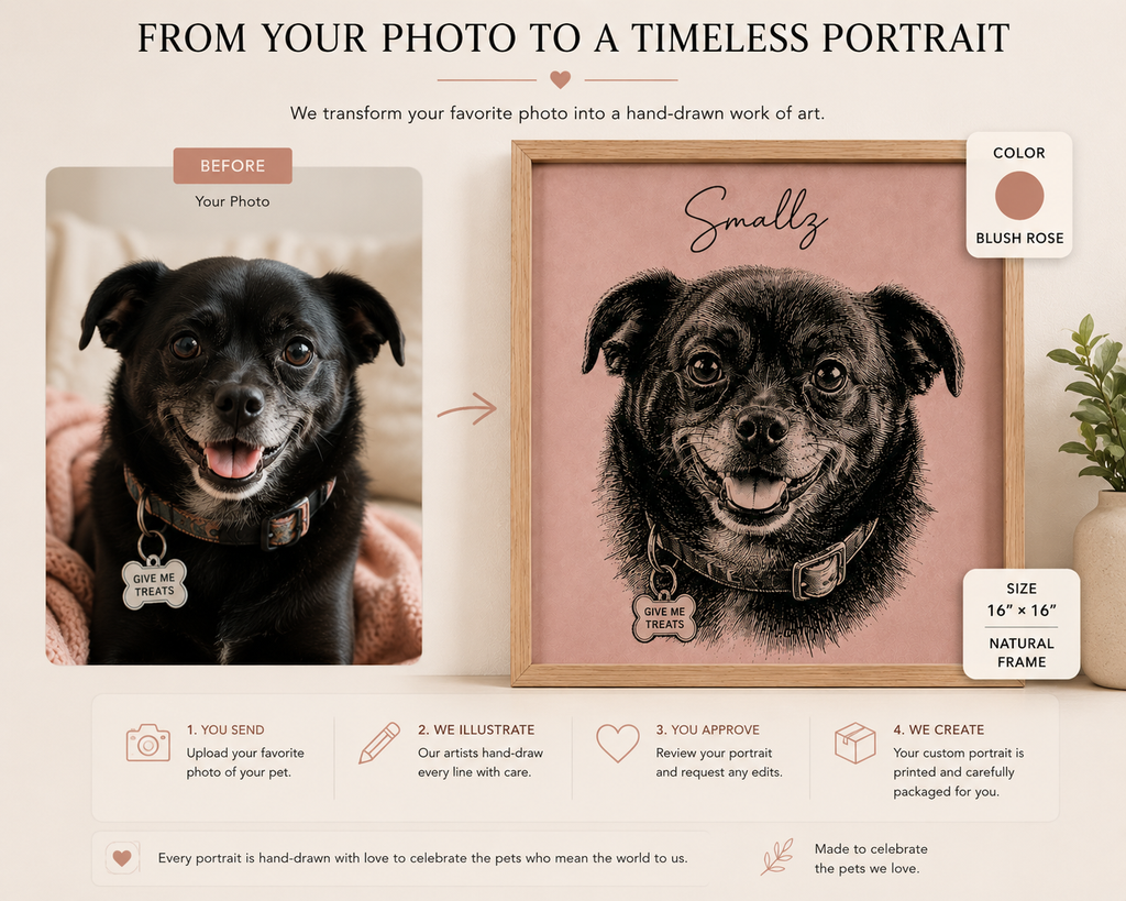 Custom pet portrait with name framed in black, styled on a wall above a wood console