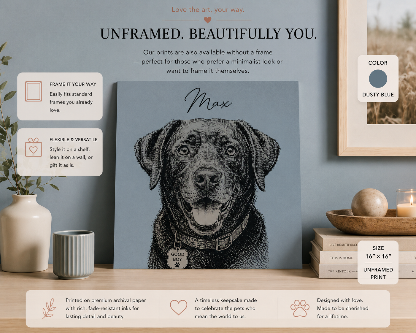 Framed custom pet portrait with name displayed in a cozy neutral room
