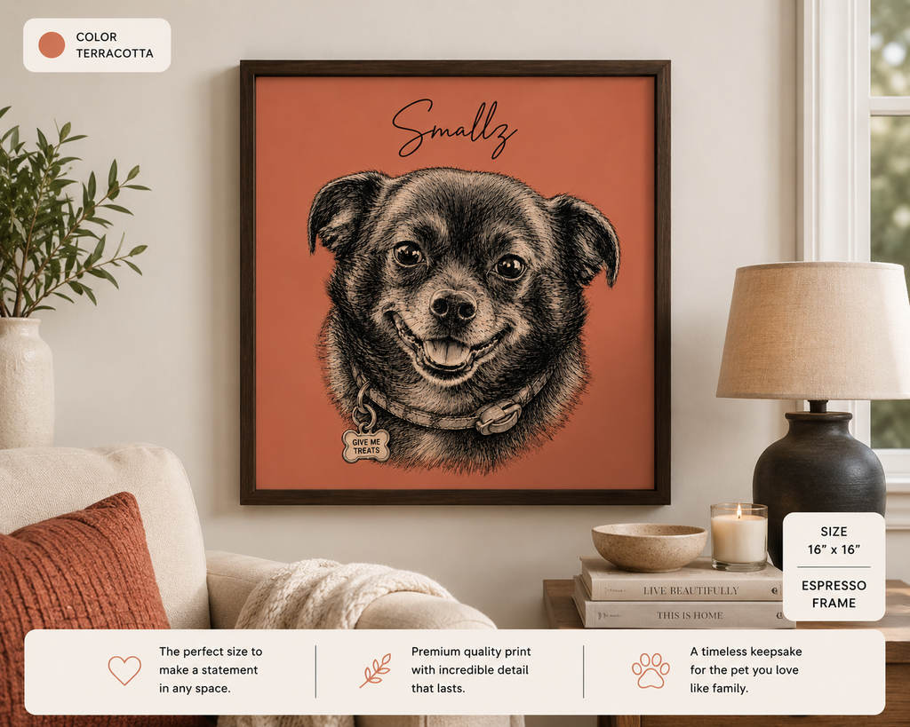 Close-up of a custom modern ink pet portrait with the pet's name and background color, framed