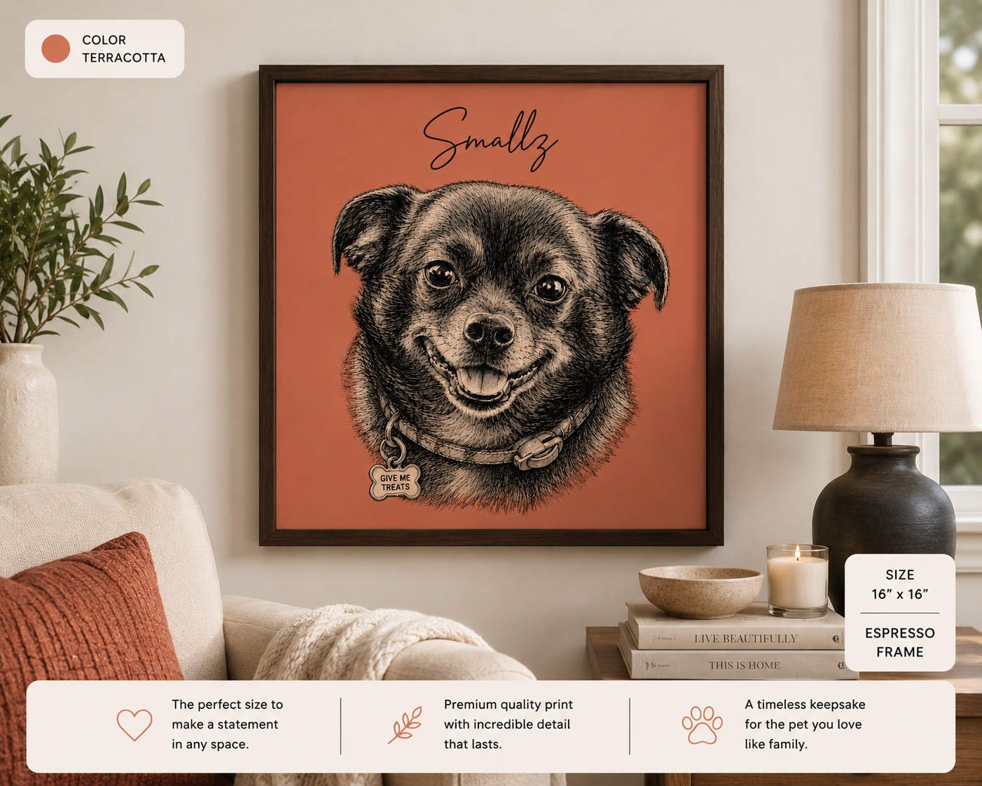 Close-up of a custom modern ink pet portrait with the pet's name and background color, framed