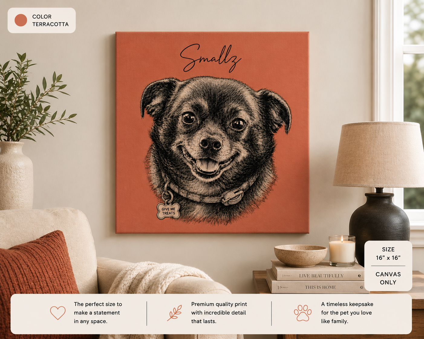 Custom pet portrait on a gallery-wrapped canvas print with the pet's name and a soft background color