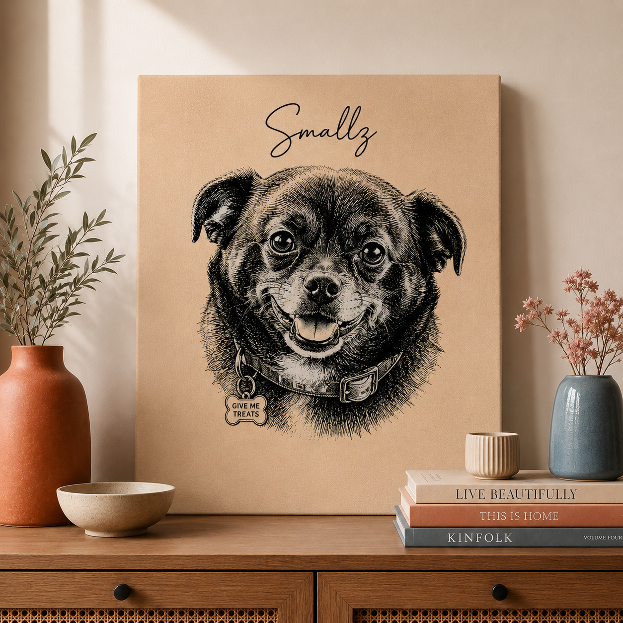 Custom dog portrait canvas print in modern ink, styled on a wall in a cozy neutral room