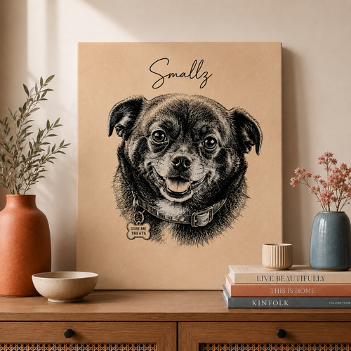 Custom dog portrait canvas print in modern ink, styled on a wall in a cozy neutral room
