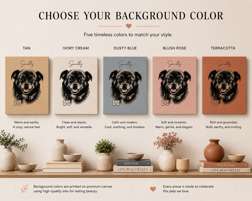 Custom pet portrait canvas print displayed in a styled home setting