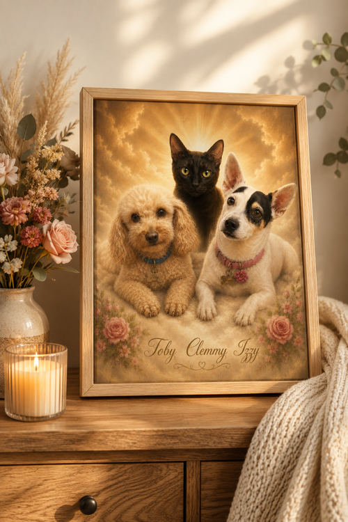 Custom pet memorial portrait on a natural wood framed canvas styled in a cozy home with a candle, roses and eucalyptus — heavenly rainbow bridge keepsake of two dogs and a cat with gold script names