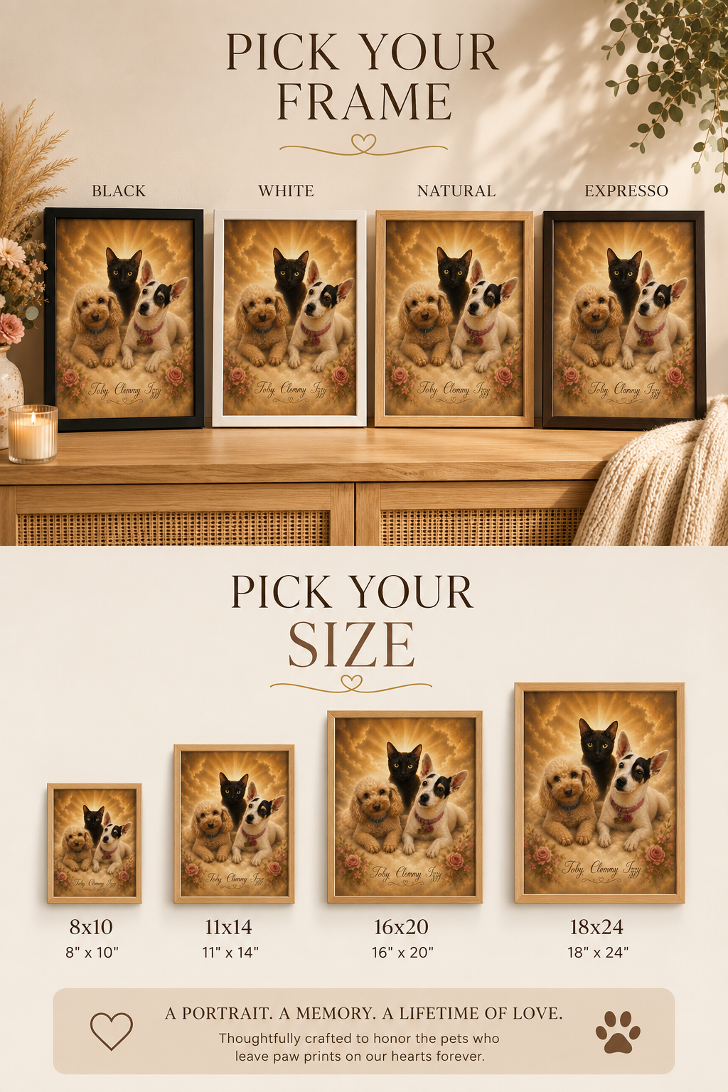 Personalized pet memorial framed canvas in warm golden rainbow bridge style displayed with soft florals — custom dog and cat remembrance and sympathy gift