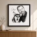 Custom pet and owner portrait in soft black-and-white art, framed in black