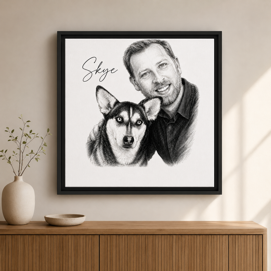 Custom pet portrait on canvas — a man and his husky in soft black-and-white portrait art